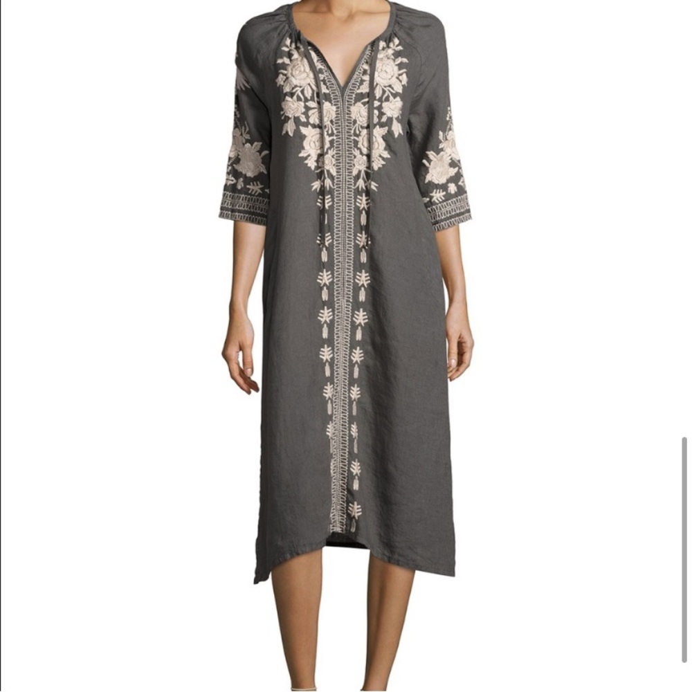Johnny Was Linen Grey Embroidered Midi Dress